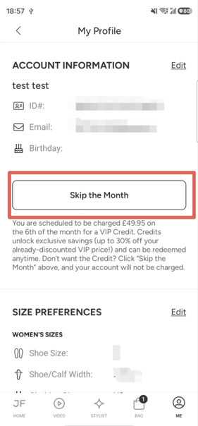 Schaltfläche zum Pausieren des Monats in der JustFab-App